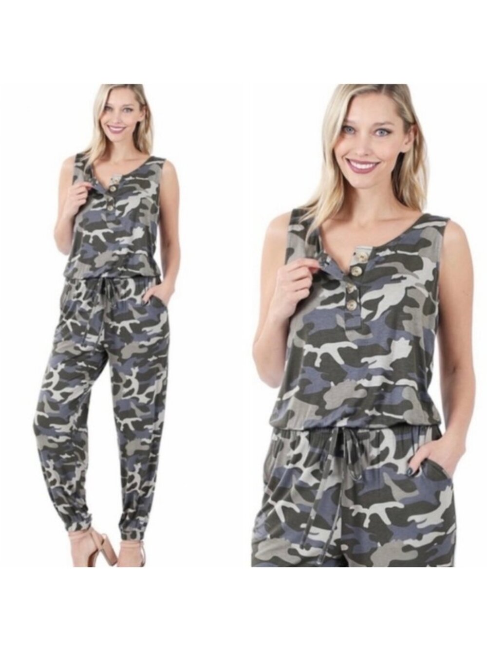 Zenana Green Camo One Piece Sleeveless Jumpsuit Joggers Size Small Stretch Soft